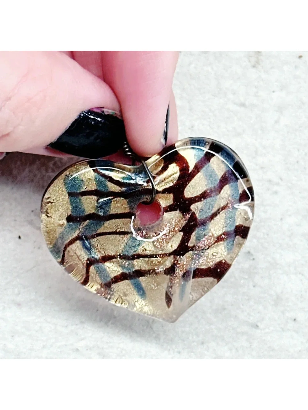 339u. Bronze Heart Art Glass Pendant